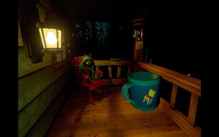 A screenshot of the indie video game Creature Kitchen showing a raccoon sitting on a porch chair with the player holding a mug. Featured in a Creature Kitchen review.