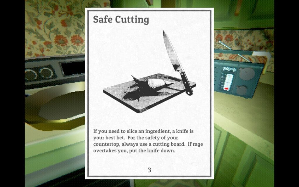 A screenshot of the indie video game Creature Kitchen showing an instruction page for a knife which reads, "If you need to slice an ingredient, a knife is your best bet. For the safety of your countertop, always use a cutting board. If rage overtakes you, put the knife down." Featured in a Creature Kitchen review.