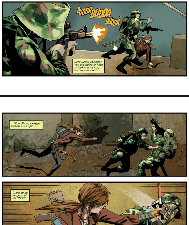Tomb Raider comic (2014), #5 - Lara Croft easily fighting and killing soldiers, asking, "How did a privileged British schoolgirl get to be so good at KILLING?"