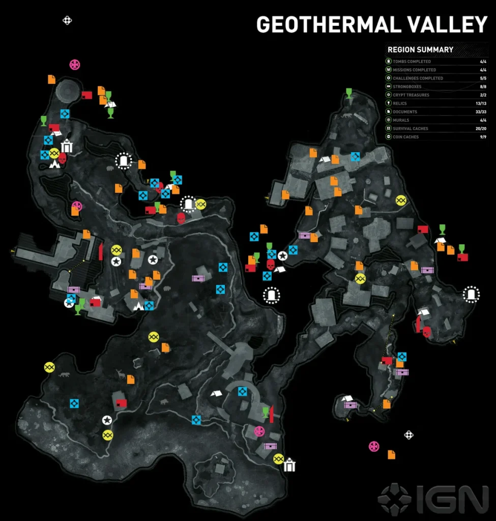 Rise of the Tomb Raider - Map of Geothermal Valley with icons of various points of interest strewn about