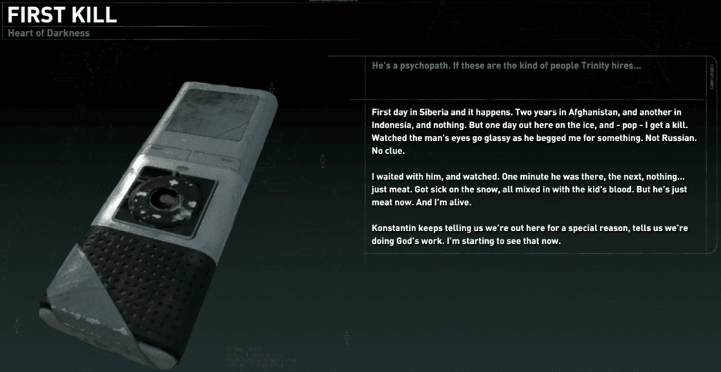 Rise of the Tomb Raider - transcript of Trinity soldier talking about his first kill