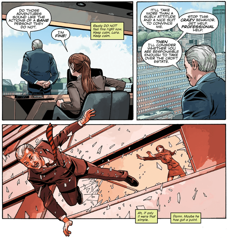 Tomb Raider comic (2014), #13 - Lara Croft throws a man throw a glass window.