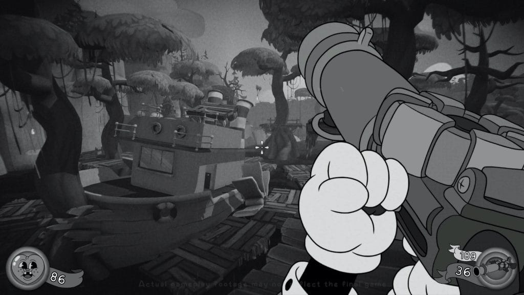 A screenshot from the video game MOUSE P.I. For Hire showing a a Steamboat Willy inspired boat and trees. 