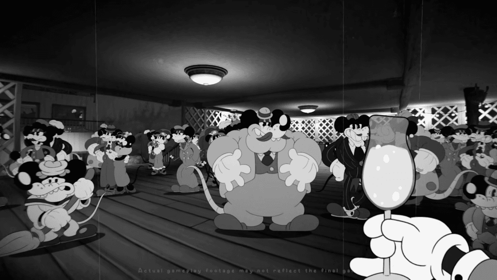 A screenshot from the video game MOUSE P.I. For Hire showing a 1920's inspired cartoon mouse party.