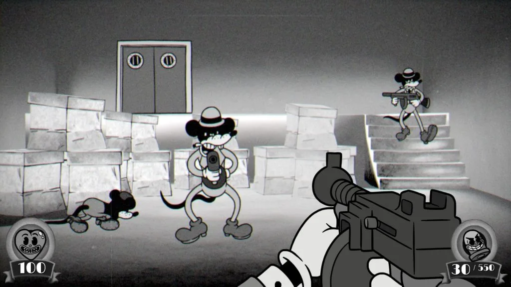 A screenshot from the video game MOUSE P.I. For Hire showing a cartoon mouse holding up a gun fighting other cartoon mice who are robbing a bank.