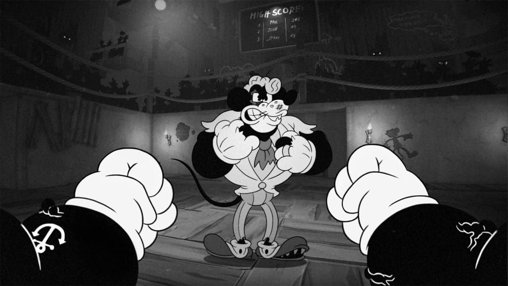 A screenshot from the video game MOUSE P.I. For Hire showing a cartoon mouse with white gloves fighting a cow.