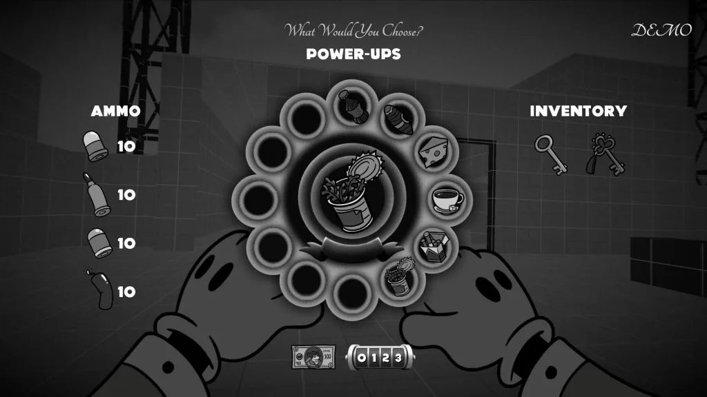 A screenshot from the video game MOUSE P.I. For Hire demo showing an inventory including power-ups like cans of beans.