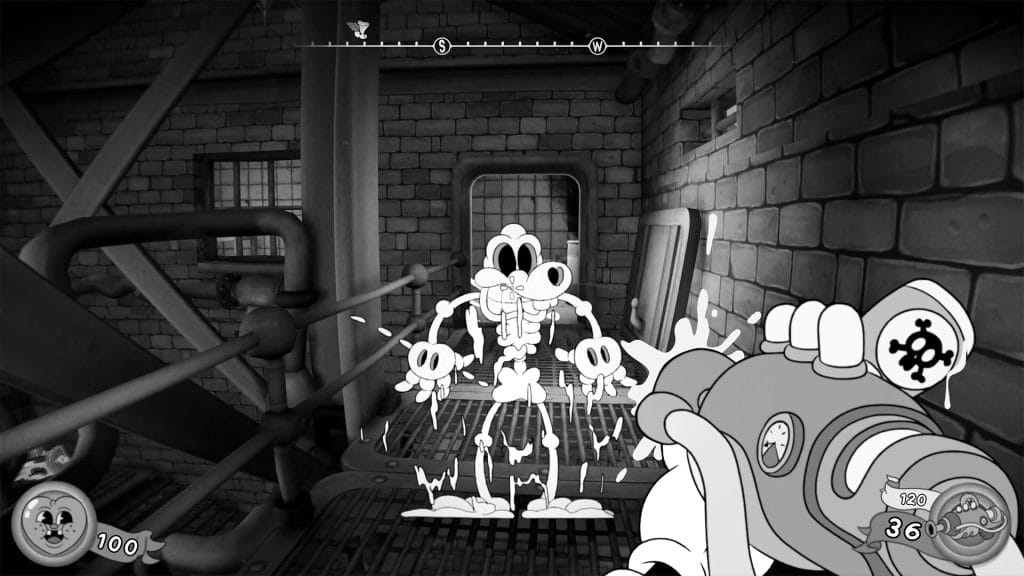 A screenshot from the video game MOUSE P.I. For Hire showing a cartoon mouse shooting a gun at a skeleton. 