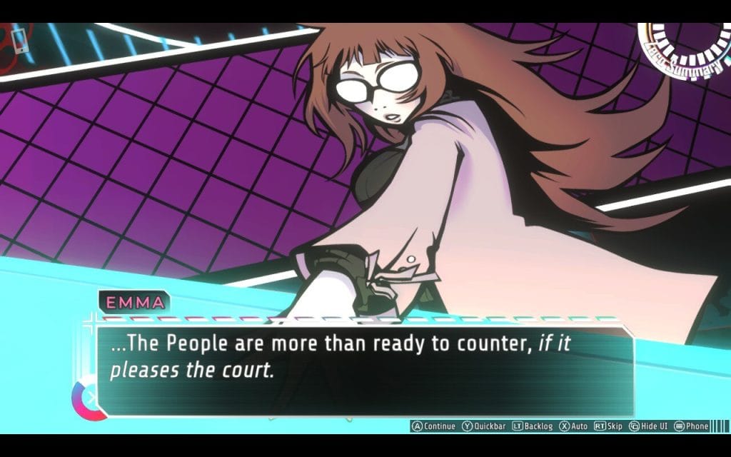 A screenshot from a mystery video game called of the Devil featuring Emma, a brown-haired woman who is a District Attorney as she slams her hand down in front of colorful lines. 