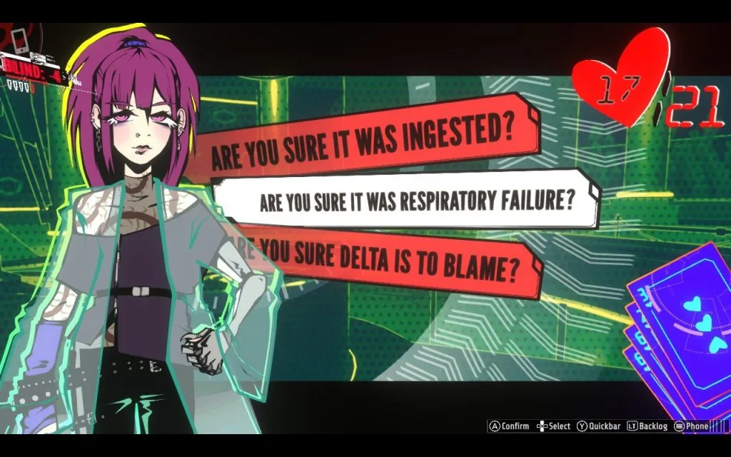A screenshot from a mystery video game called of the Devil featuring Dr. Yumi Sato, a person with magenta hair and a clear coat, being questioned about a death.