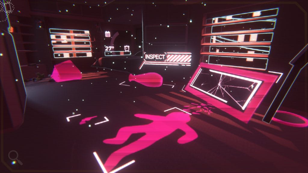 A screenshot from the video game of the Devil showing a futuristic crime scene outline in hot pink. 