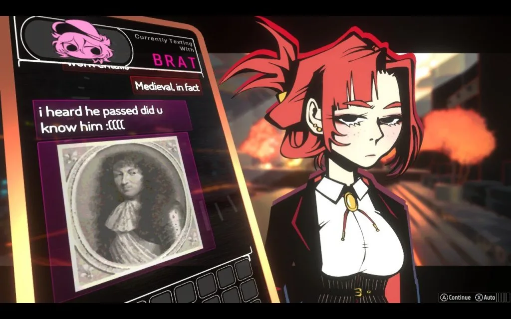 A screenshot from a video game called of the Devil showing an unamused red-haired woman, Morgan, texting with someone called "Brat" who is teasing her about how she is old with a photo of a medieval man.