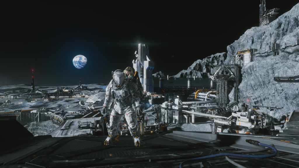 Pragmata - Hugh and Diana standing outside on a mining base on the moon, with Earth in the backdrop