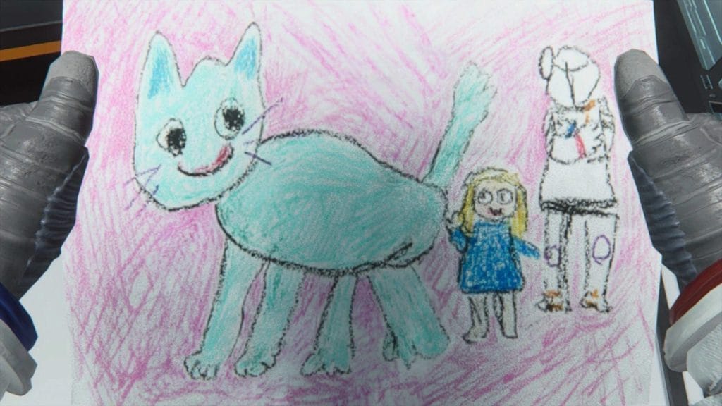 Pragmata - Diana's drawing of herself, Hugh, and a large cat