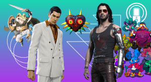 A cover image for a video game podcast episode about the backlog with a teal and purple background featuring Frog from Chrono Trigger, Kiryu from Yakuza 0, Majora's Mask from the Legend of Zelda, Johnny Silverhand from Cyberpunk 2077, and characters from Pipistrello and the Cursed Yoyo.