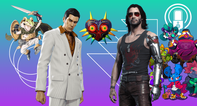 A cover image for a video game podcast episode about the backlog with a teal and purple background featuring Frog from Chrono Trigger, Kiryu from Yakuza 0, Majora's Mask from the Legend of Zelda, Johnny Silverhand from Cyberpunk 2077, and characters from Pipistrello and the Cursed Yoyo.
