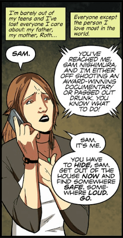 Tomb Raider comic (2014), #3 - Lara Croft calling Sam Nishimura, telling her to hide.