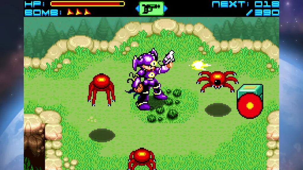 Sigma Star Saga DX - Recker on the ground of the forest planet shooting red jumping spider-like creatures