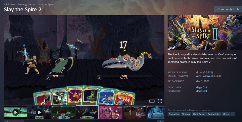A screenshot from Slay the Spire 2 Early Access showing a screenshot of the Steam page with "Mixed" views.  