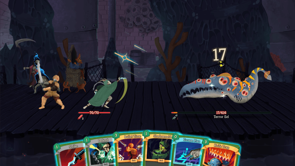 A screenshot from Slay the Spire 2 Early Access showing co-op mode as multiple characters fight against a Terror Eel with cards.