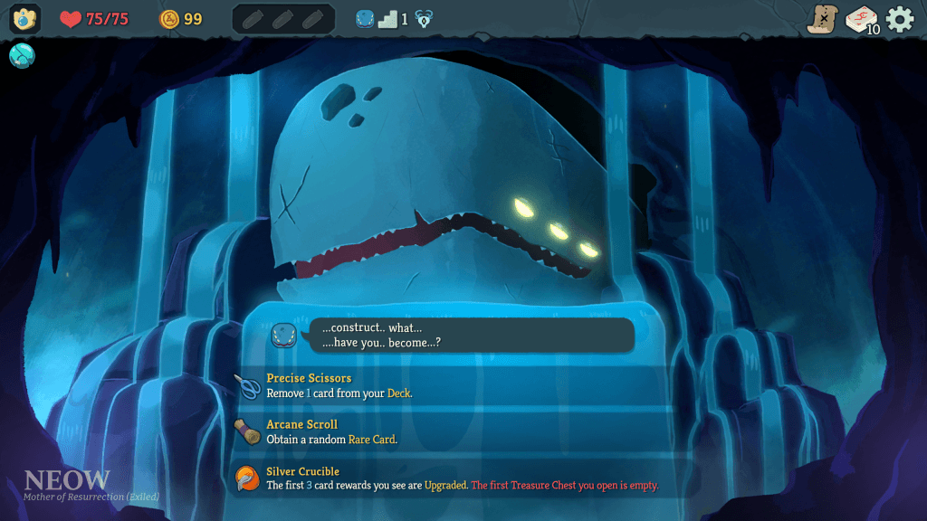 A screenshot from Slay the Spire 2 Early Access showing a conversation with a large whale-like creature called NEOW. 