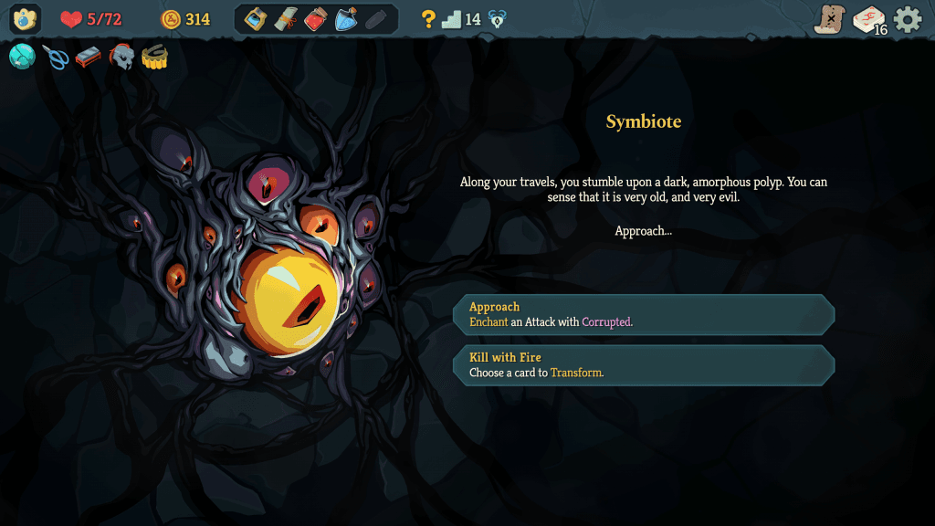 A screenshot from Slay the Spire 2 Early Access showing a screenshot of a conversation with the Symbiote, a giant eyeball creature.