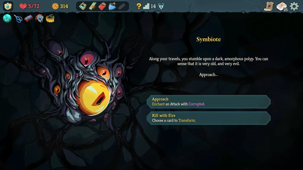 A screenshot from Slay the Spire 2 Early Access showing a screenshot of a conversation with the Symbiote, a giant eyeball creature.