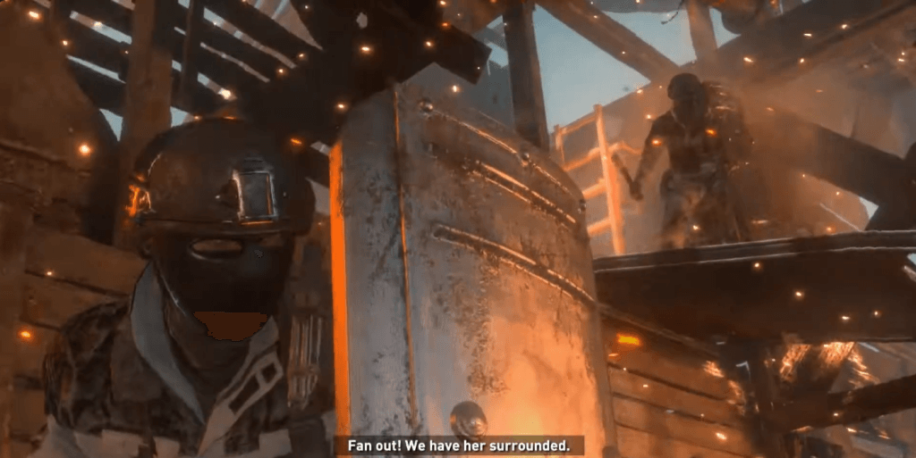 Rise of the Tomb Raider - armed Trinity soldiers saying "Fan out! We have her surrounded."