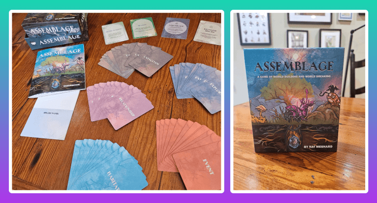 An image showing the box art of the Assemblage TTRPG and cards from two different angles with a teal and purple background, featured in an Assemblage TTRPG review