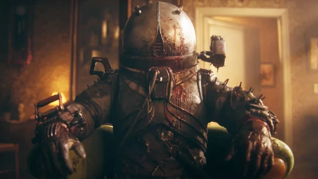 Cronos: The New Dawn - promotional image of person wearing some kind of metallic survival armor covered in blood
