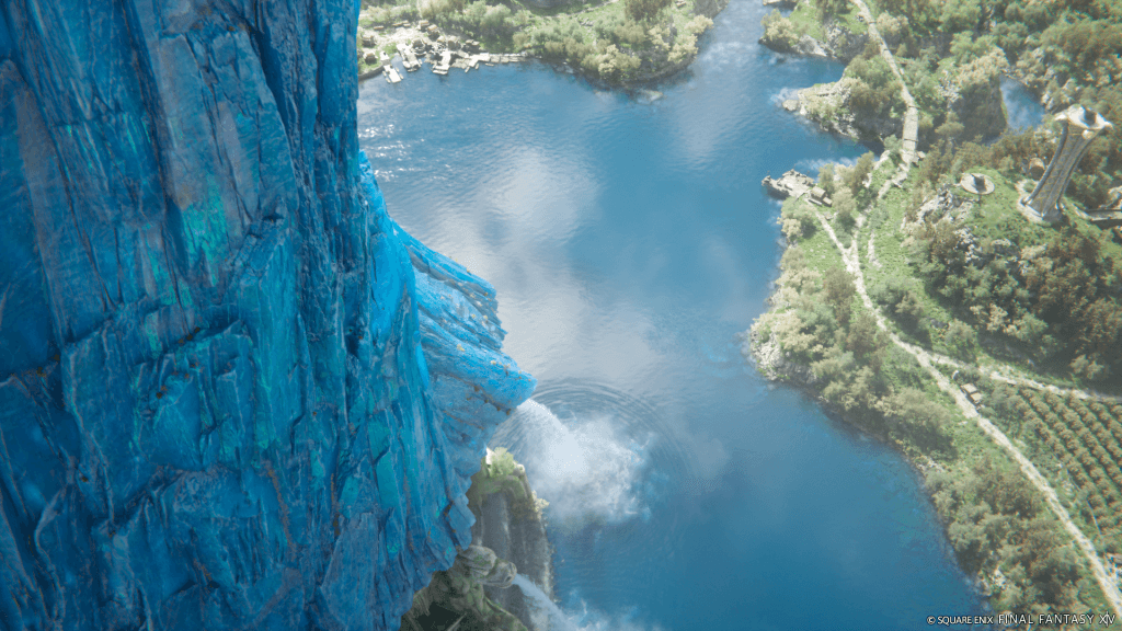 Screenshot of an ice formation spewing water into a lake from the Final Fantasy XIV: Evercold expansion