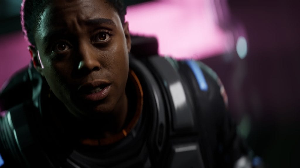 In a Directive 8020 review, a screenshot of the game showing a close-up of actor Lashana Lynch in an astronaut clothes