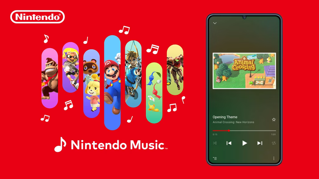 A promotional screenshot of Nintendo Music showing various Nintendo characters on the left and the Animal Crossing: New Horizons "Opening Theme" playing on a smartphone on the right