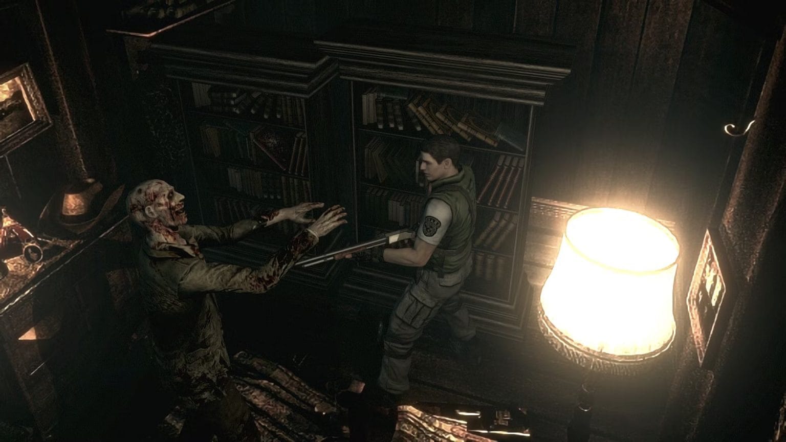 I Finally Played the Original Resident Evil. It Hated Me. I Loved It Back. Resident Evil HD - Chris Redfield fighting off a zombie with a shotgun in a dimly lit room