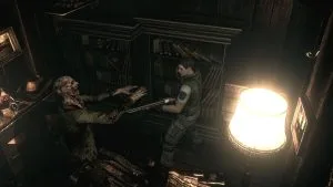 Resident Evil HD - Chris Redfield fighting off a zombie with a shotgun in a dimly lit room