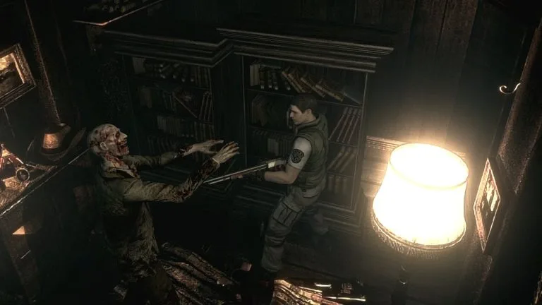 Resident Evil HD - Chris Redfield fighting off a zombie with a shotgun in a dimly lit room