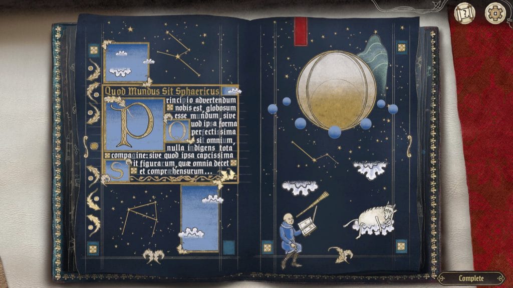 Scriptorium: Master of Manuscripts Review - screenshot of a blue medieval manuscript written in Latin