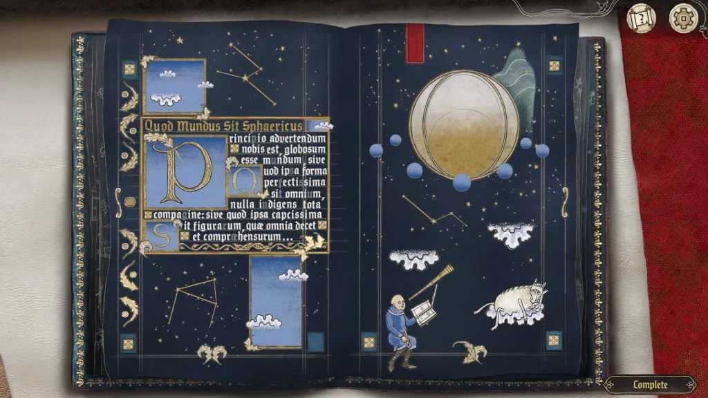 Scriptorium: Master of Manuscripts Review - screenshot of a blue medieval manuscript written in Latin
