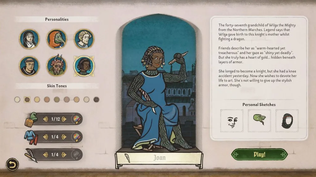 Scriptorium: Master of Manuscripts Review - screenshot of the player character creator