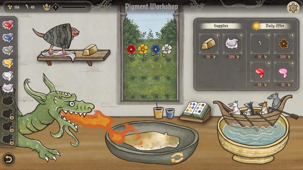 Scriptorium: Master of Manuscripts Review - screenshot of the Pigment Workshop, with a green dragon laying fire to a plate as mice row in a boat off to the side