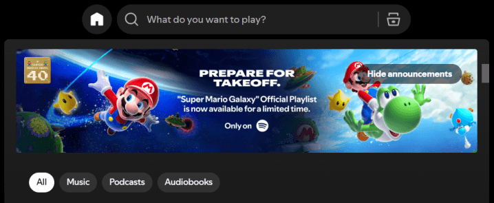 A Spotify banner ad explaining that the "Super Mario Galaxy" official playlist is available on Spotify for a limited time only