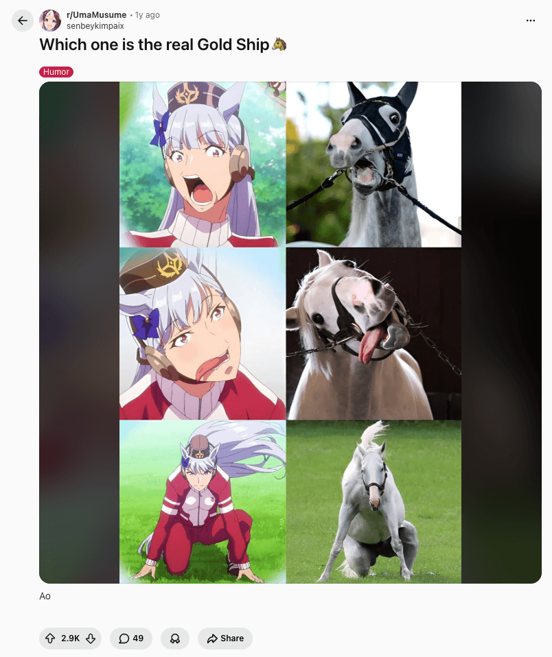 A meme comparing expressions of Gold Ship from Umamusume to the real Japanese race horse