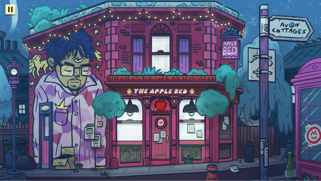 Wax Heads review - screenshot of The Apple Bed, a brick building with foliage that lines the edges and a large mural on the left-hand side