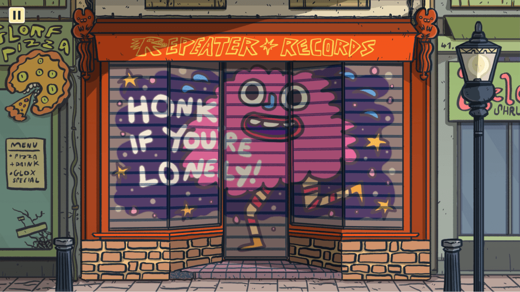 Wax Heads review - screenshot of Repeater Records with art on the shutters saying "Honk if you're lonely!"