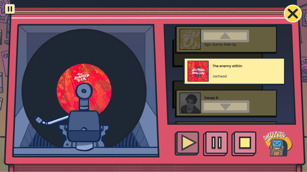Wax Heads review - screenshot of a jukebox playing "The enemy within" from Jarhead