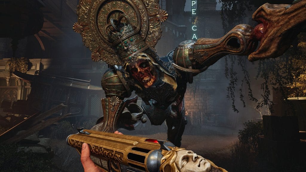 Crisol: Theater of Idols - Skeleton man attacking the player, who is wielding a shotgun from a first-person view