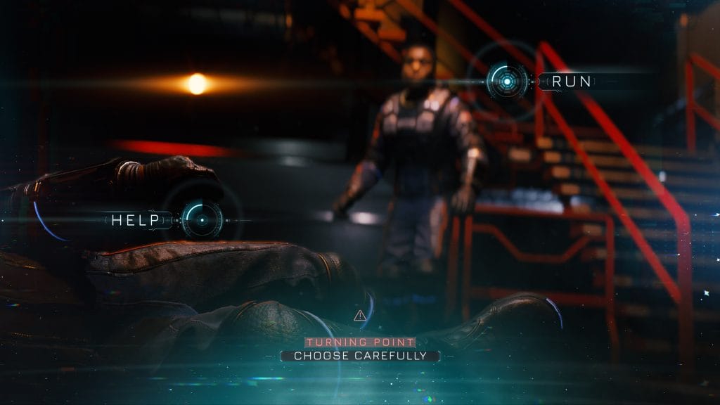 In a Directive 8020 review, a screenshot of the game showing a choice to help or run away and that it's a turning point