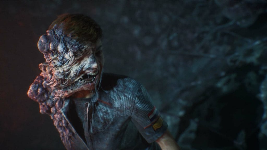In a Directive 8020 review, a screenshot of the game showing a person turning into a monster.