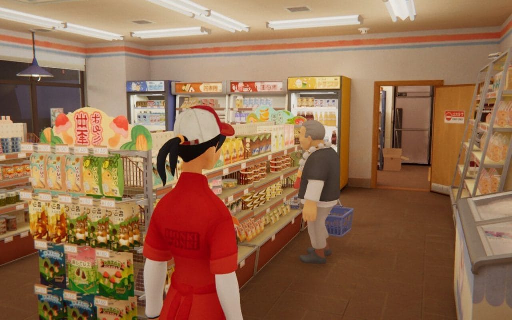A screenshot from inKONBINI- One Store. Many Stories in a review about the game, showing Makoto watching Chief shop. 