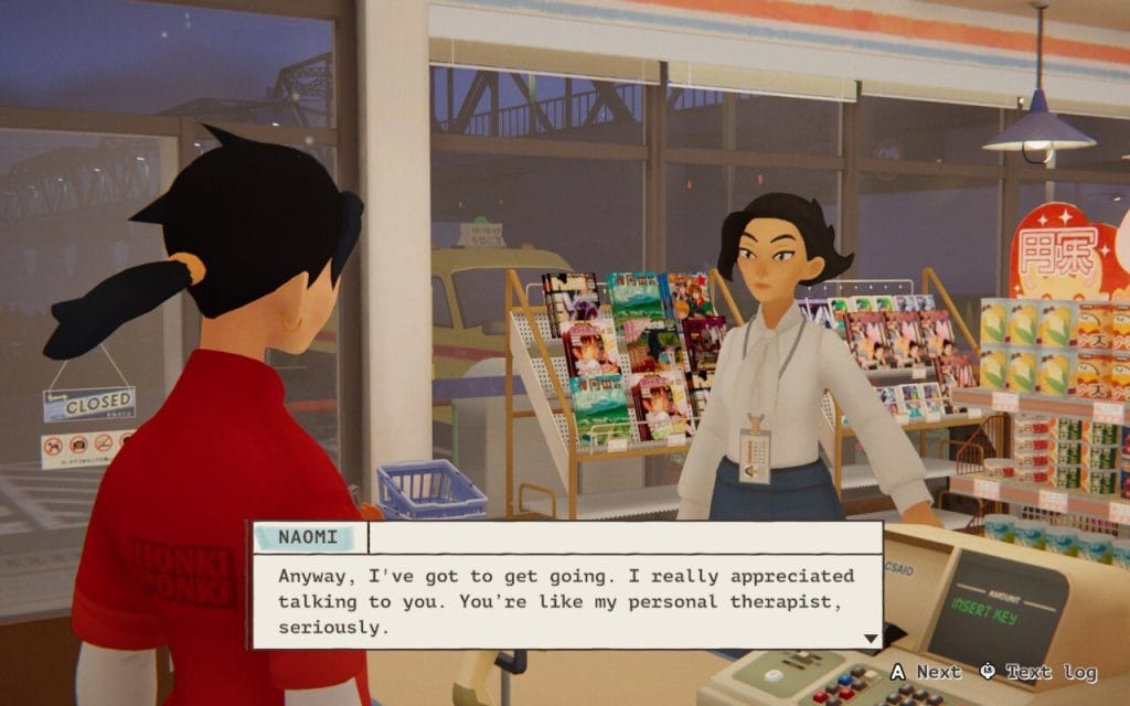 A screenshot from inKONBINI- One Store. Many Stories in a review about the game, showing a conversation with Naomi who says, "Anyway, I've got to get going. I really appreciated talking to you. You're like my personal therapist, seriously."
